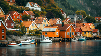 Charming coastal village. Colorful houses and picturesque harbor create an attractive background for content. - obrazy, fototapety, plakaty