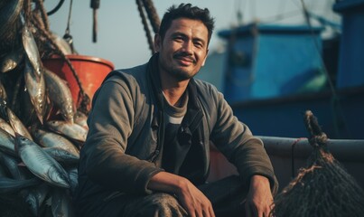 Happy asian fisherman with a lot of fishes on a fishing boat
