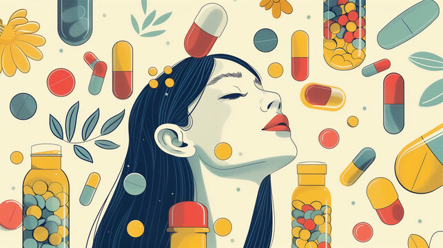 A illustration of woman with medicine and dietary supplements and vitamins into their daily routine, showcasing a commitment to preventative health care. Healthy wellness concept.