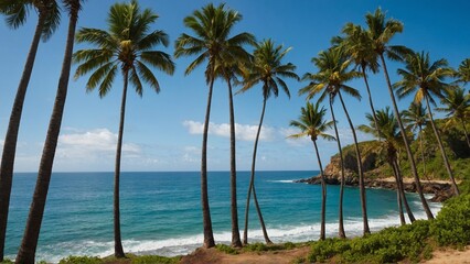Fototapeta premium An ocean view with palm trees swaying.