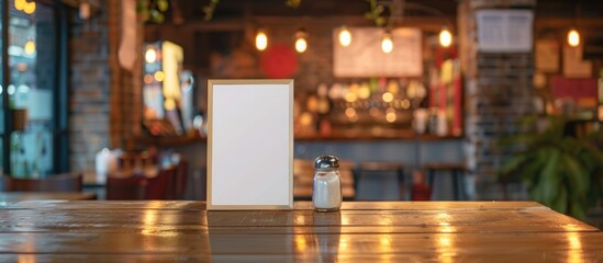 Menu frame displayed on a wooden table at a bar, restaurant, or cafe, with room for text.