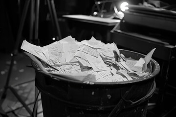 A bucket full of crumpled papers - obrazy, fototapety, plakaty