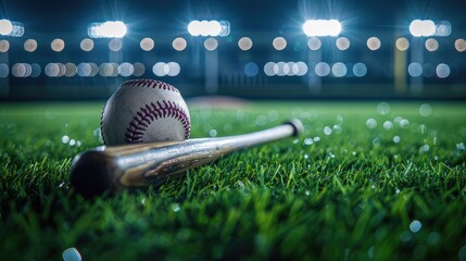 Baseball bat, glove, and ball rest on lush green grass, inviting sporty adventures and tales of victory.