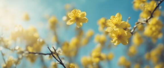 Spring background with yellow bloom blossoming under the blue sky