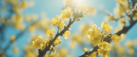 Obraz premium Spring background with yellow bloom blossoming under the blue sky