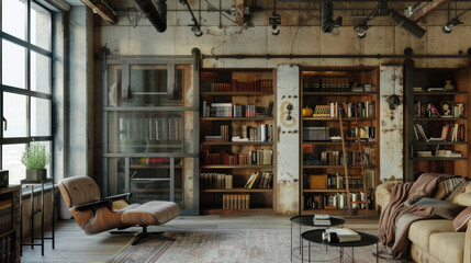  Industrial-Style Loft Living Room with a Large Bookshelf