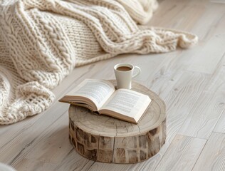 Fototapeta na wymiar A photo of white wooden flooring with a soft texture, featuring an open book and coffee cup on a side table