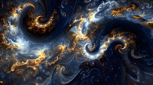 An artistic computergenerated image of a swirling pattern in electric blue and gold, resembling an astronomical object in outer space, evoking a sense of mystery and beauty