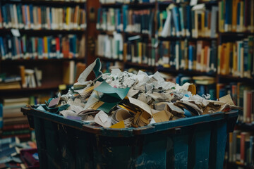 A pile of paper is in a blue trash can in a library