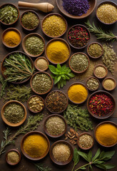 Set of spices or seasonings in bowls, dried herbs on wooden old vintage rustic table. Top view