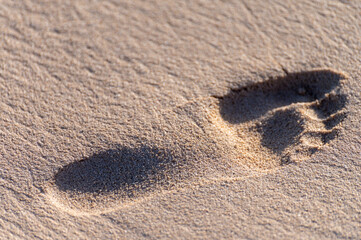 Fototapeta na wymiar Footsteps on sandy beach on sunset lights