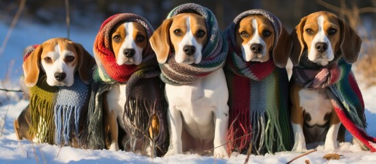 A group of beagle dogs, a small breed in the hound group, are sitting in the snow wearing scarves. Known for their sense of smell and hunting abilities, beagles make great companion dogs - obrazy, fototapety, plakaty