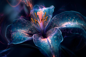 modern background, shining lily flower with transparent petals, with unearthly radiance,blue-purple scale on a dark phoneme,close-up, graphic concept,web design,flower shops,flower exhibitions