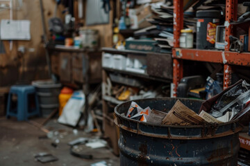 Fototapeta na wymiar A messy workshop with a black barrel full of trash