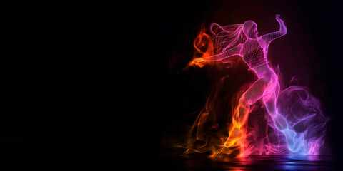 a skeleton silhouette of a street dancer-girl, in neon colors on a black background,a place for text,concept of advertising dance events,posters and banners,graphic design,emotional self-expression