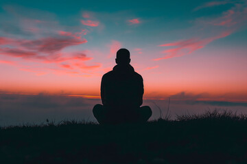a black silhouette of a man sitting on the grass in a thoughtful pose against a pink sunset sky,the concept of introspection,rethinking,psychological help and self-development,self-care