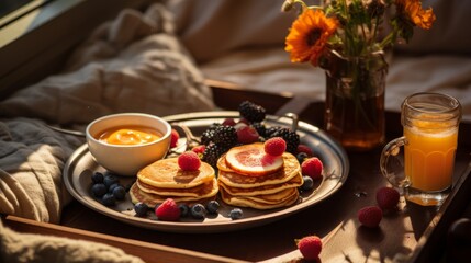 Plate of Pancakes With Fruit and Bowl of Orange Juice
