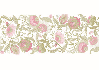 Fantasy flowers in retro, vintage, jacobean embroidery style. Seamless pattern, background. Vector illustration. - 769966836