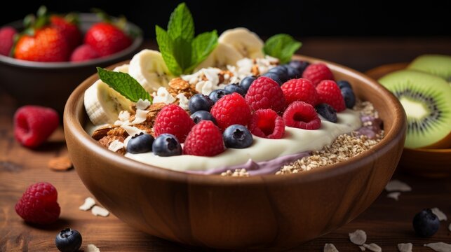 Wooden Bowl Filled With Fruit and Granola