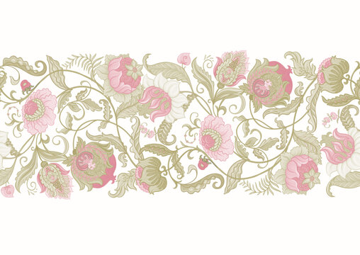 Fantasy flowers in retro, vintage, jacobean embroidery style. Seamless pattern, background. Vector illustration.