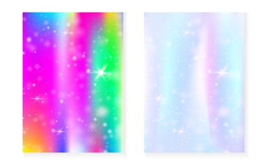 Rainbow background with kawaii princess gradient. Magic unicorn hologram. Holographic fairy set. Bright fantasy cover. Rainbow background with sparkles and stars for cute girl party invitation.
