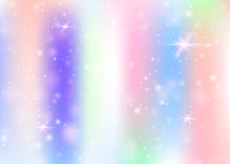 Hologram background with rainbow mesh. Trendy universe banner in princess colors. Fantasy gradient backdrop. Hologram unicorn background with fairy sparkles, stars and blurs.