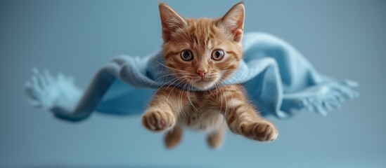 Felidae Carnivore Cat gestures through the air with electric blue scarf - obrazy, fototapety, plakaty
