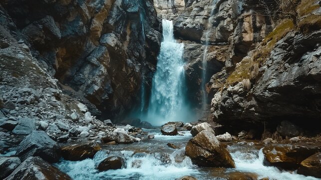A 4K HDR image capturing the dynamic movement of a waterfall, framed by a rocky canyon.