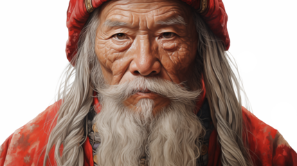 Close-up portrait, face of an old aged Tibetan or Asian man with long white hair and beard  isolated on a transparent background. Sage or monk wear red clothes. Representation of Chinese Santa Claus.