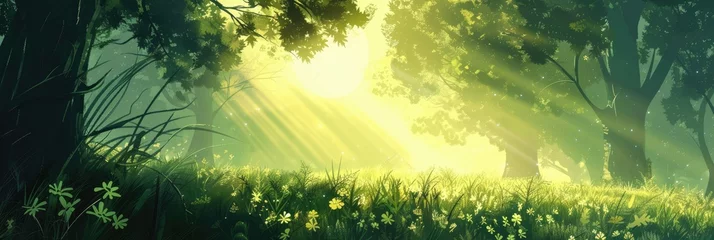 Foto op Canvas Sunlit green forest clearing with flowers - An enchanting forest clearing bathed in sunlight with blooming flowers and tall trees setting a peaceful scene © Mickey