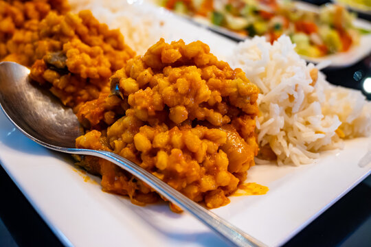 Side dishes, mezze in Turkish restaurant, bulgur pilaf en rice