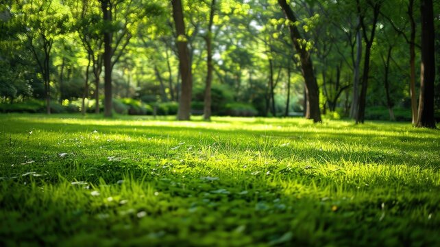 Sunlit grass field in a lush green park - This inviting image showcases the natural beauty of sunlight filtering through a verdant green park