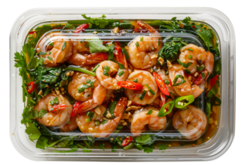 Plastic container with shrimps and vegetables salad inside isolated on transparent background. Top down view. Retail supermarket box with snack.
