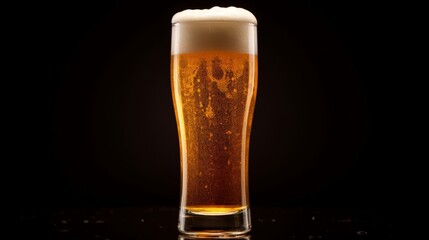 Beer glass filled with lager, with white head and slight glow behind, against neutral background
