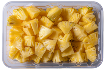 Pineapple pieces inside transparent retail box isolated on transparent background. Top down view on plastic container with juicy peeled fruit shreds.
