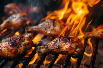 A plate of chicken wings is being cooked on a grill. The chicken is brown and crispy, and the grill is covered in smoke - obrazy, fototapety, plakaty