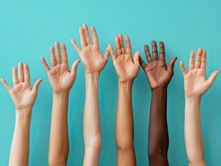 Hands of diverse group of people raised and united in the air, symbolizing collaboration and teamwork - Unity and cooperation - Soft and diffused studio lighting - Inspirational and inclusive style 