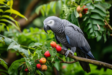 Obraz premium A grey parrot is eating an apple. The parrot is perched on a branch and is looking at the camera