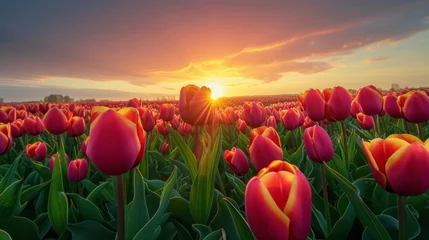 Behangcirkel A field of red tulips with the sun shining on them. The sun is setting in the background © Nataliia_Trushchenko