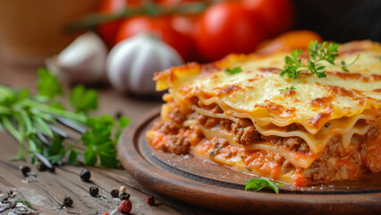 A plate of lasagna with meat and cheese. The lasagna is cut into layers and has a lot of cheese on it