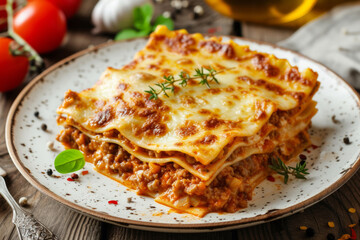 A plate of lasagna with meat and cheese. The lasagna is cut into layers and has a lot of cheese on it