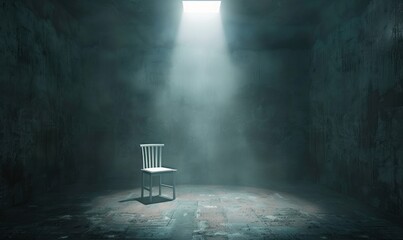 Interrogation room with small light overhead. Dark Interrogation theme - obrazy, fototapety, plakaty