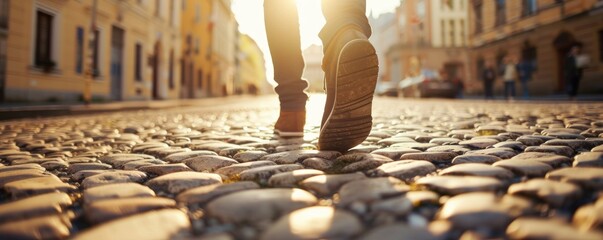Man legs walking on the stone street in sunny backlight. cobblestone street with feets. theme. - obrazy, fototapety, plakaty