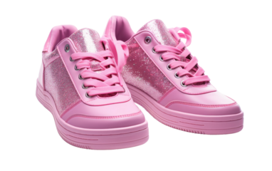 A pair of vibrant pink sneakers float elegantly on a stark white background