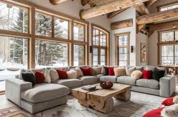A rustic living room with large windows, wooden beams and snow outside the window