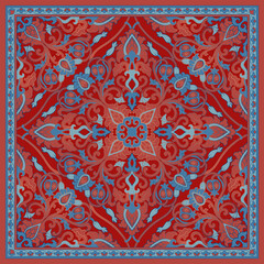 Red and blue neck scarf. Vector design for a neckerchief, carpet, kerchief, bandana, rug. Traditional floral pattern. - 769968818