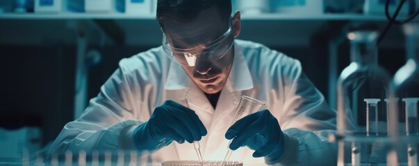 biochemistry lab engineer working. Scientist Working in the chem laboratory. - obrazy, fototapety, plakaty