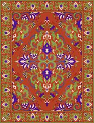 Oriental floral vector carpet design. Vintage pattern with frame. Ornamental template for textile, rug, tapestry. - 769968846