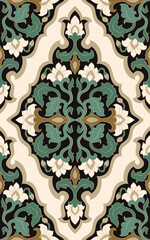 Seamless pattern with ornamental flowers. Green and beige floral damask ornament. Background for wallpaper, textile, carpet and any surface.  - 769968854