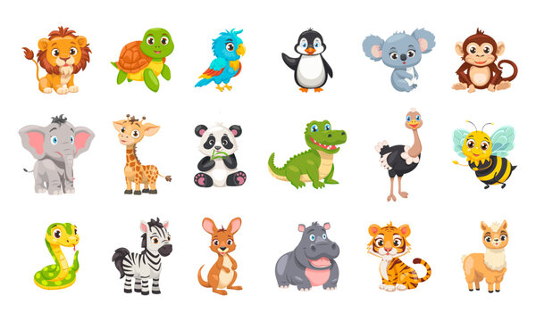 Collection of cute wild animals of the world. Cartoon baby animals, fauna with different mammals jungle, safari.
